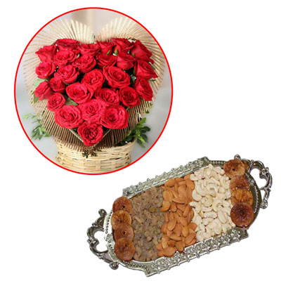 "Dryfruit Thali, Heart shape flower arrangement - Click here to View more details about this Product
